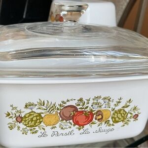 Corningware White Ceramic Casserole with Glass Lid and Vegetable Design